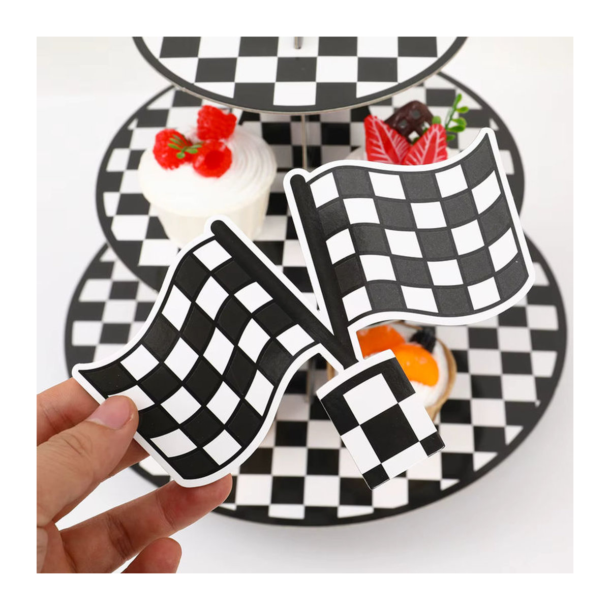 Huiran 3-stufiger Kuchenständer mit Cartoon Racing Auto Design, mehrfarbig und kariert, ideal für Kindergeburtstage und Party-Dekorationen - Bild 5