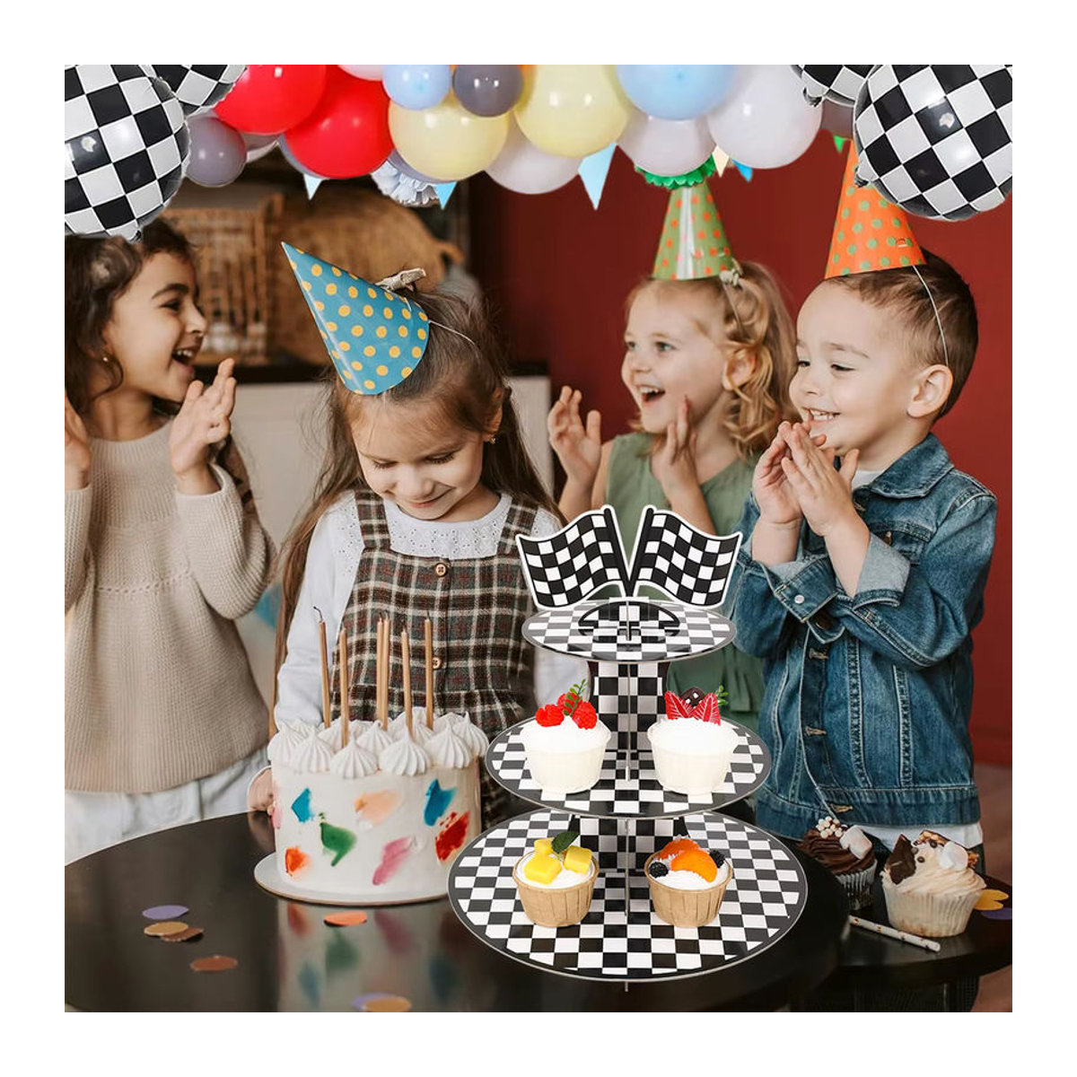 Huiran 3-stufiger Kuchenständer mit Cartoon Racing Auto Design, mehrfarbig und kariert, ideal für Kindergeburtstage und Party-Dekorationen - Bild 6