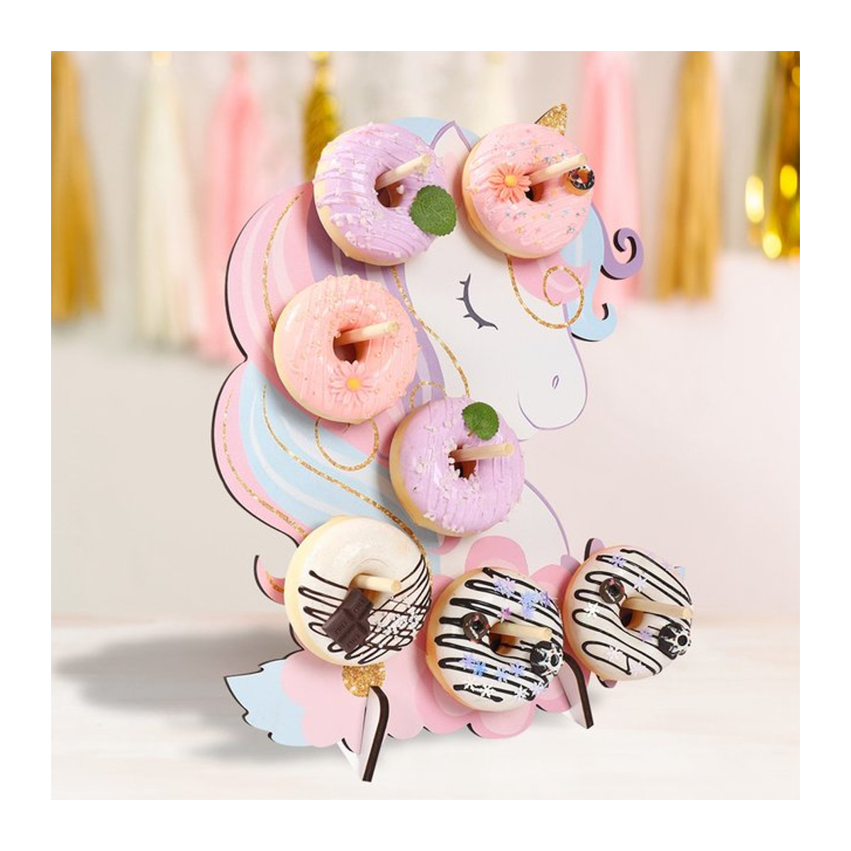 Huiran Donut-Ständer aus Holz in Einhorn-Form, Mehrfarbig, Tischdekoration für Kindergeburtstage und Hochzeiten - Bild 1