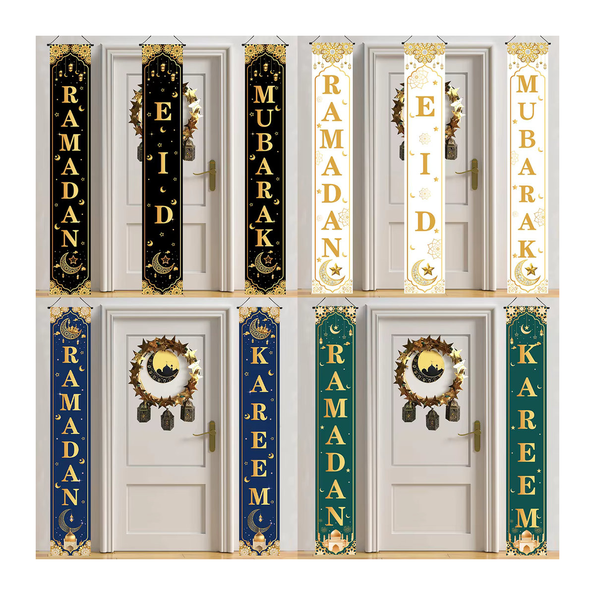 Huiran Eid Mubarak Türbehang Banner Ramadan Dekoration in Gelb und Weiß mit Mond-Motiv und Schlaufe für Outdoor und Garten - Bild 2