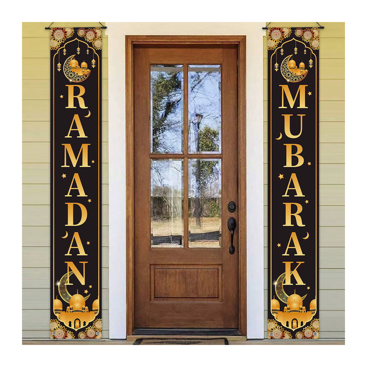 Huiran Eid Mubarak Türbehang Banner Ramadan Dekoration in Gelb und Weiß mit Mond-Motiv und Schlaufe für Outdoor und Garten - Bild 3