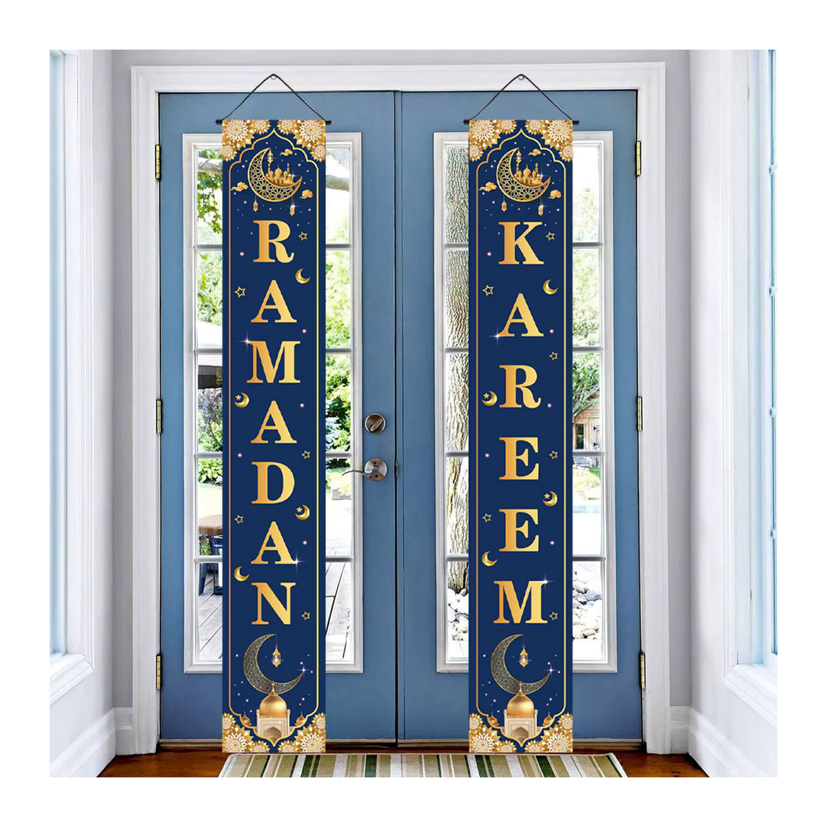 Huiran Eid Mubarak Türbehang Banner Ramadan Dekoration in Gelb und Weiß mit Mond-Motiv und Schlaufe für Outdoor und Garten - Bild 4