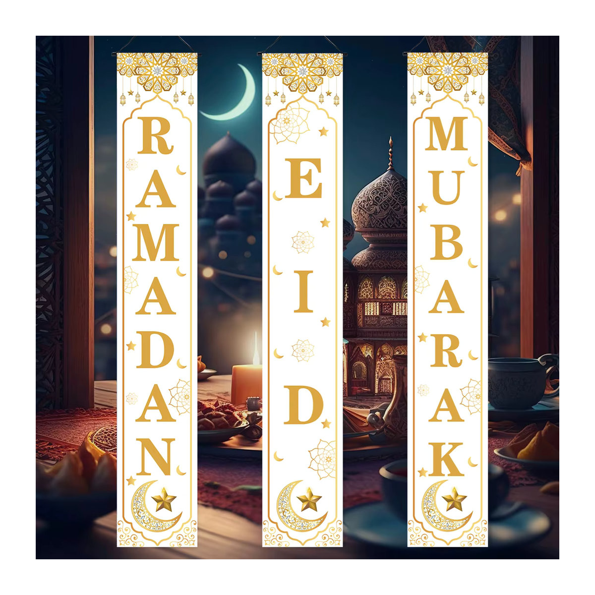Huiran Eid Mubarak Türbehang Banner Ramadan Dekoration in Gelb und Weiß mit Mond-Motiv und Schlaufe für Outdoor und Garten - Bild 5