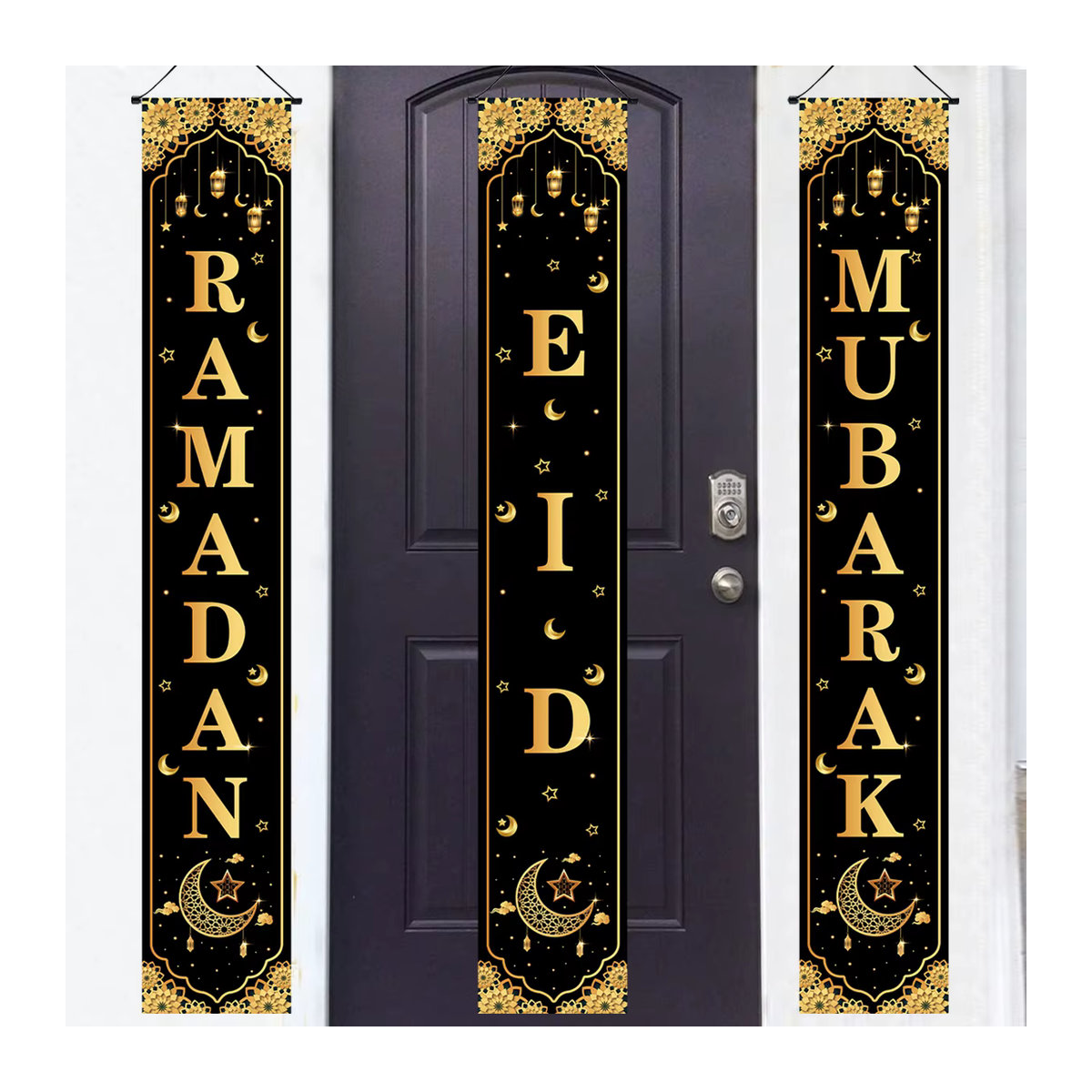 Huiran Eid Mubarak Türbehang Banner Ramadan Dekoration in Gelb und Weiß mit Mond-Motiv und Schlaufe für Outdoor und Garten - Bild 6
