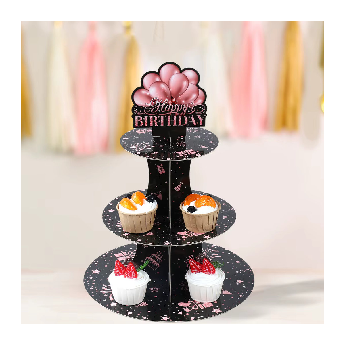 Huiran Kuchenständer für Geburtstag Dekoration in Schwarz Rosa Gold mit Glitzer-Effekt und runder Form aus Kunststoff - Bild 2
