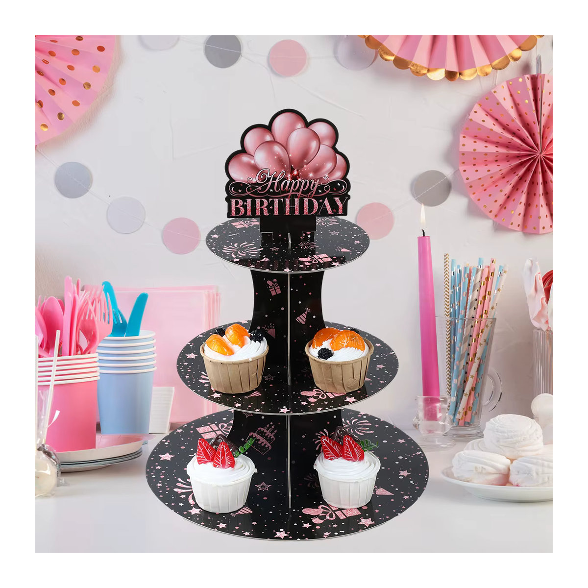 Huiran Kuchenständer für Geburtstag Dekoration in Schwarz Rosa Gold mit Glitzer-Effekt und runder Form aus Kunststoff - Bild 3