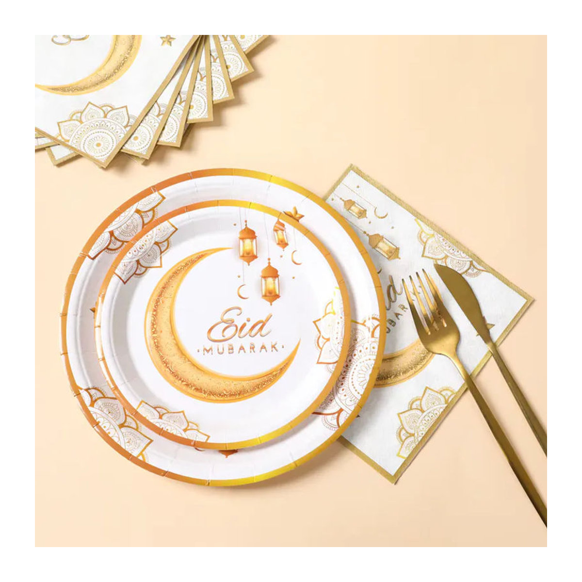 Huiran Ramadan Mubarak Partyzubehör Set aus weißen Papier Tellern und Tassen mit floralem orientalischem Design, Durchmesser: 17,78 cm - Bild 1