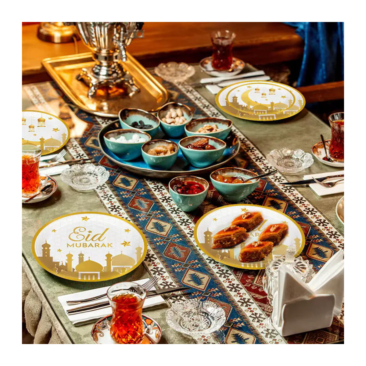 Huiran Ramadan Mubarak Partyzubehör Set aus weißen Papier Tellern und Tassen mit floralem orientalischem Design, Durchmesser: 17,78 cm - Bild 2