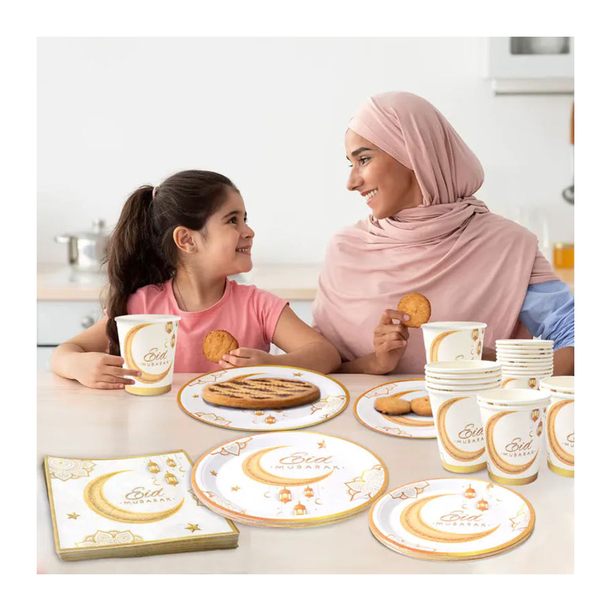 Huiran Ramadan Mubarak Partyzubehör Set aus weißen Papier Tellern und Tassen mit floralem orientalischem Design, Durchmesser: 17,78 cm - Bild 3