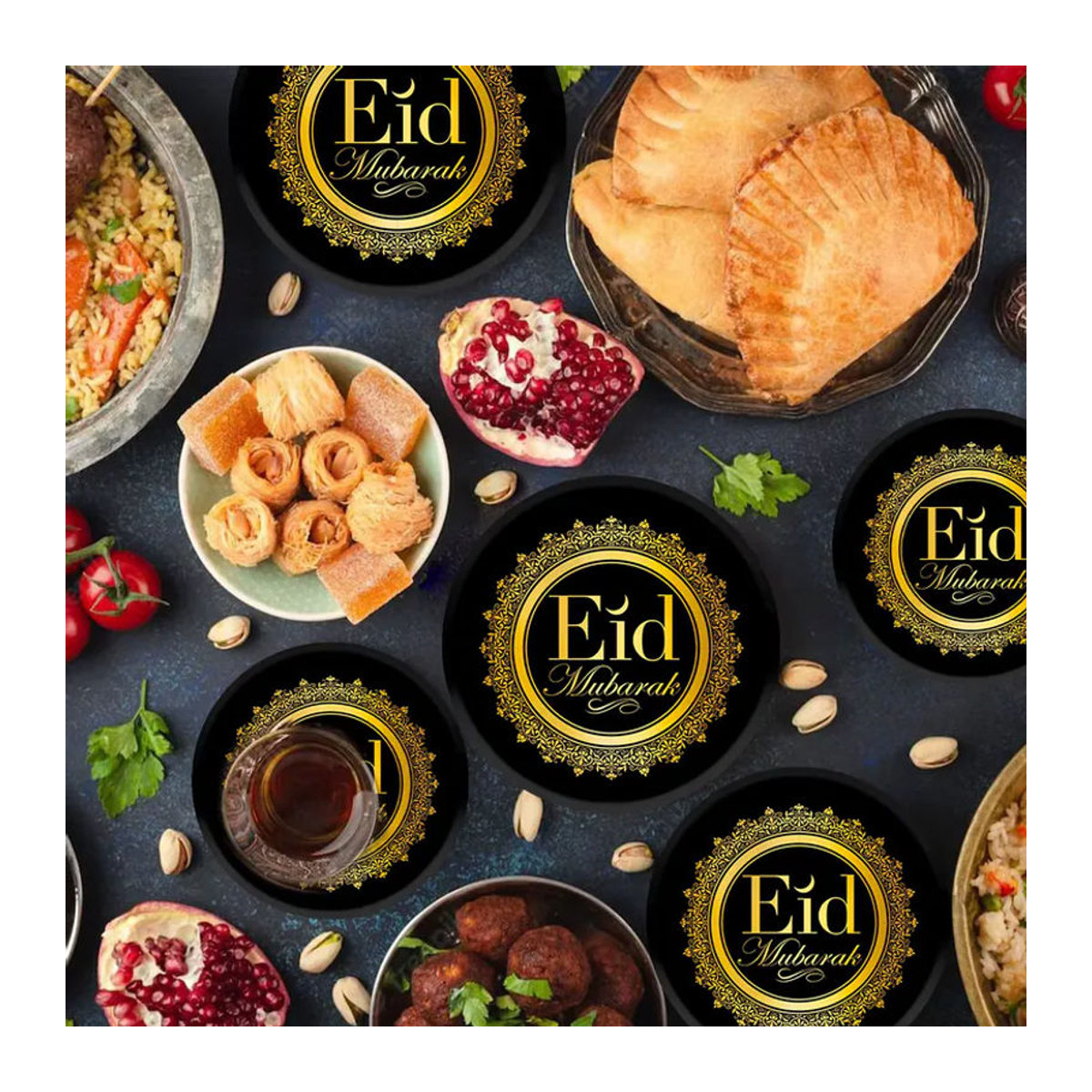Huiran Ramadan Mubarak Partyzubehör Set aus weißen Papier Tellern und Tassen mit floralem orientalischem Design, Durchmesser: 17,78 cm - Bild 4