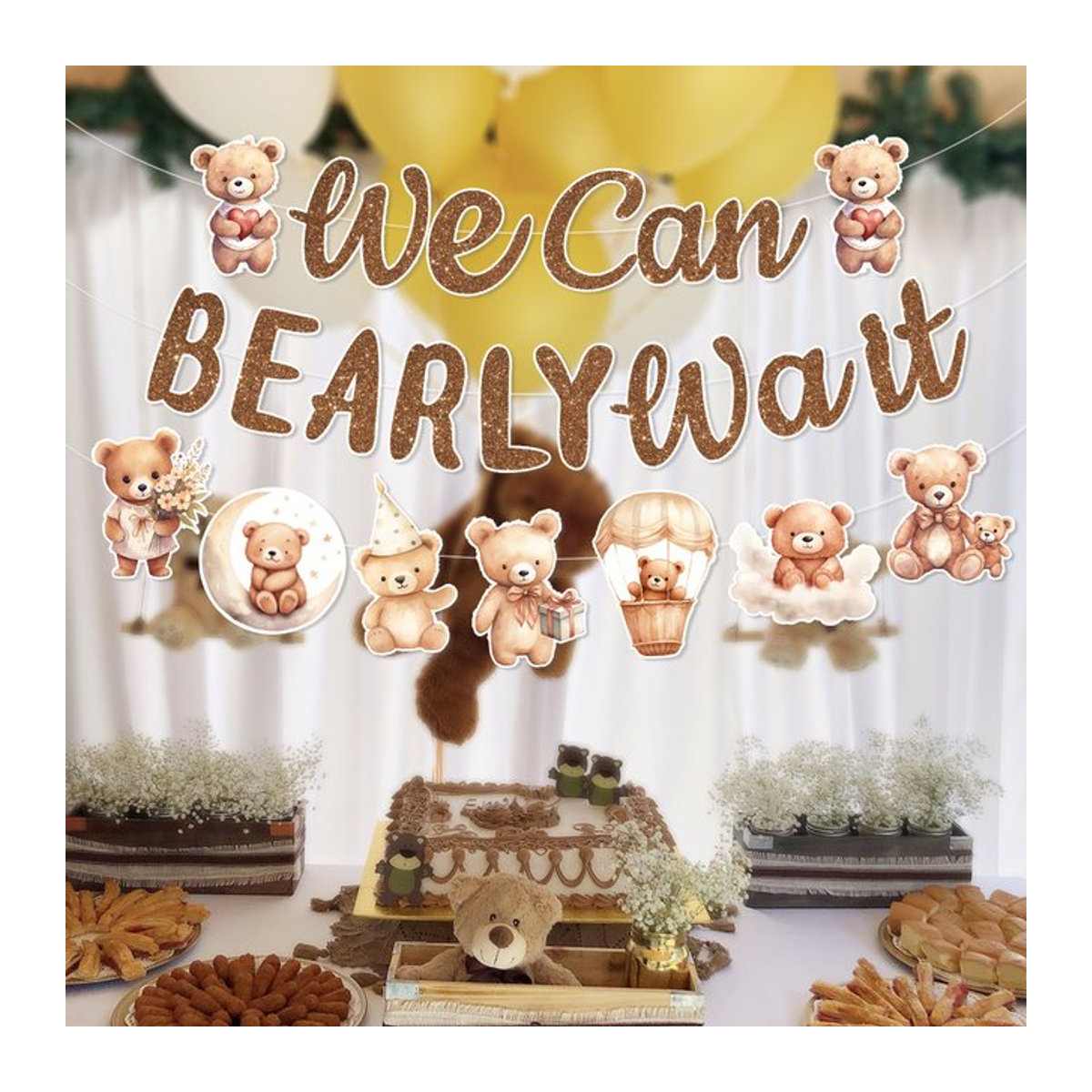 Huiran Teddybär Girlande Wir Können Bearly Warten Banner aus Papier für Baby Shower und Geburtstag in Braun - Bild 1