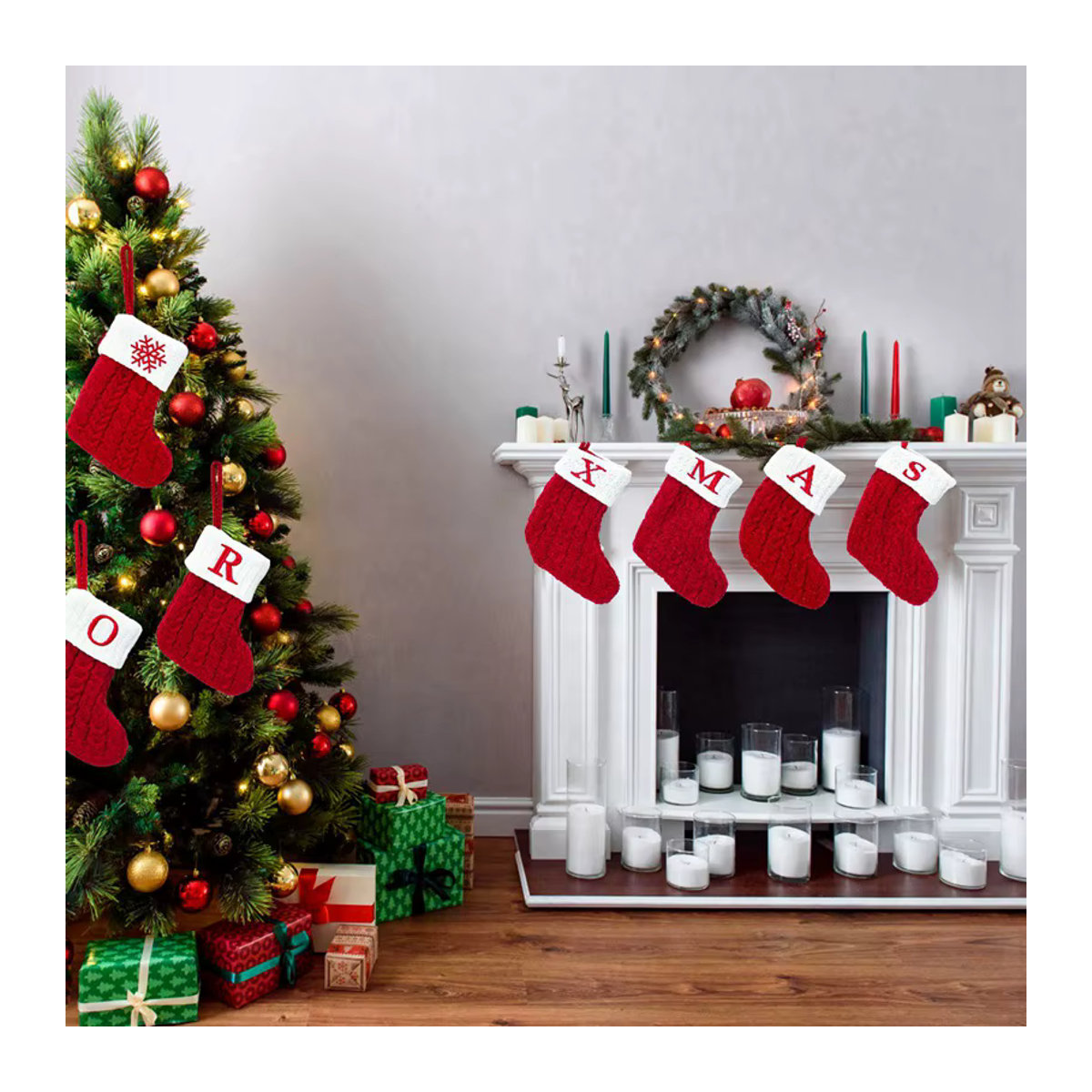 Huiran Weihnachtsstrumpf aus Textil mit Buchstaben und Schneeflocken in Rot als Hängeornament für deinen Weihnachtsbaum - Bild 2