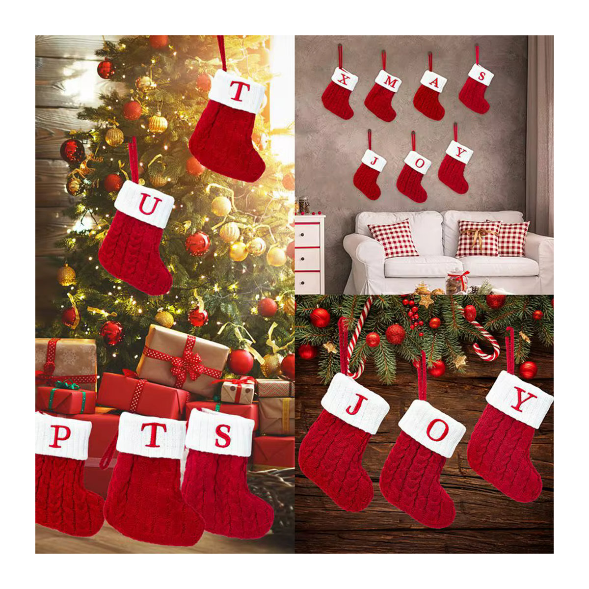 Huiran Weihnachtsstrumpf aus Textil mit Buchstaben und Schneeflocken in Rot als Hängeornament für deinen Weihnachtsbaum - Bild 4