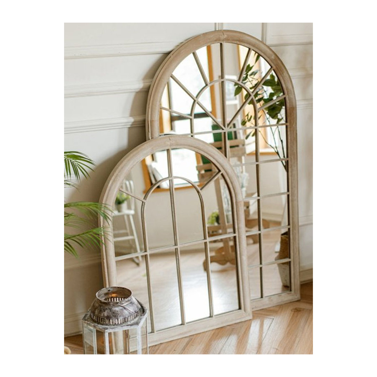Huohan Retro Wandspiegel in Beige mit Bogenform und Holzrahmen für Wohnzimmer und Eingangsbereich - Bild 1
