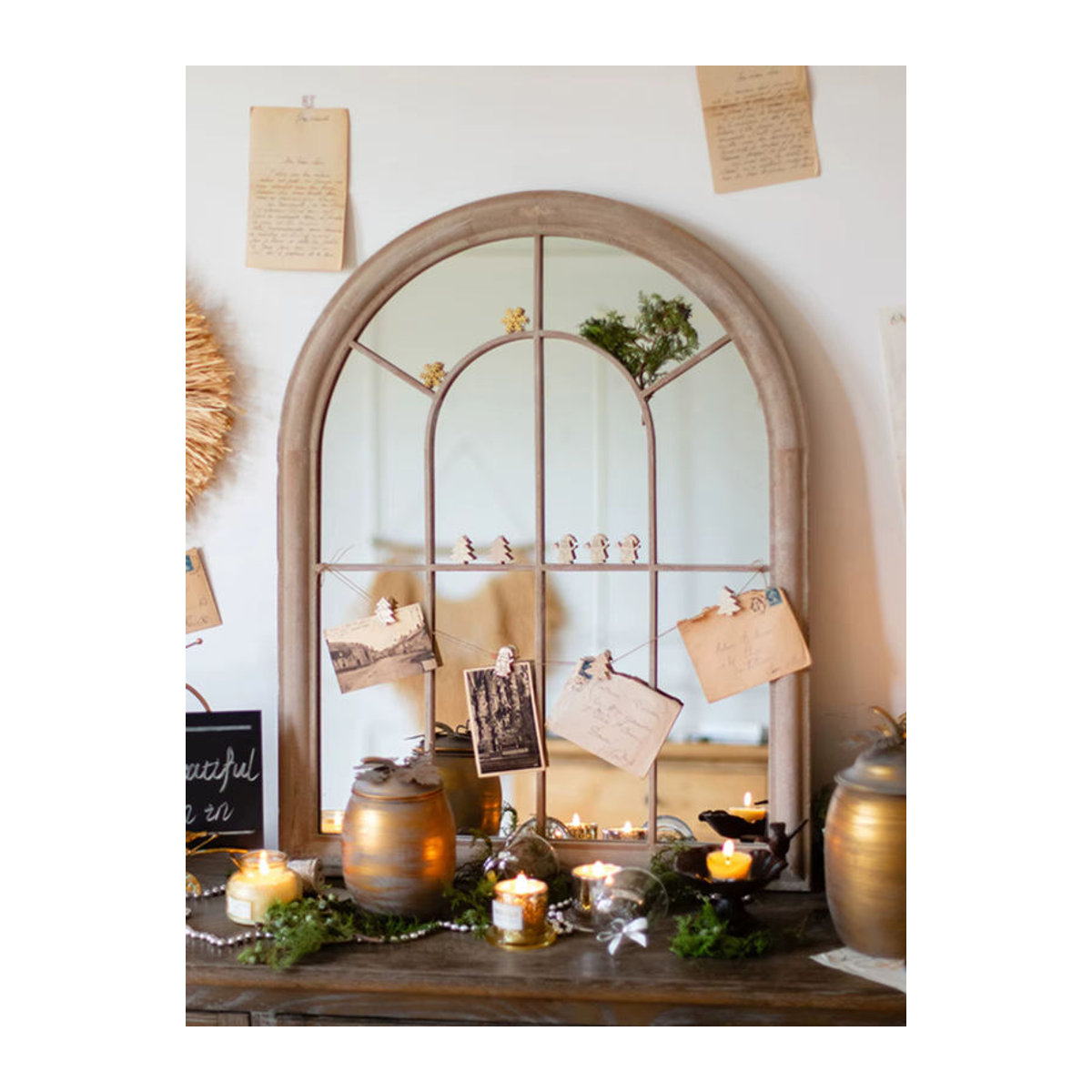 Huohan Retro Wandspiegel in Beige mit Bogenform und Holzrahmen für Wohnzimmer und Eingangsbereich - Bild 2