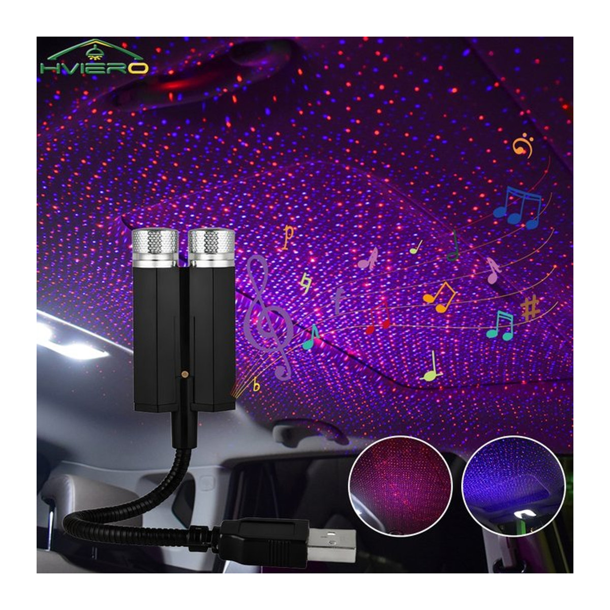 HVIERO LED Sternenhimmel Projektor für das Auto mit USB-Anschluss zur Dekoration in Schwarz - Bild 1