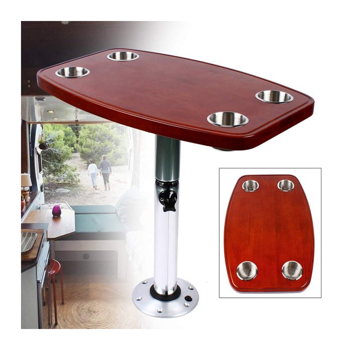 HWHongRV Wohnmobil-Esstisch aus lackierter Eiche in Braun, höhenverstellbar und abnehmbar mit 4 Getränkehaltern, B/T: 60 x 38 cm - Bild 1