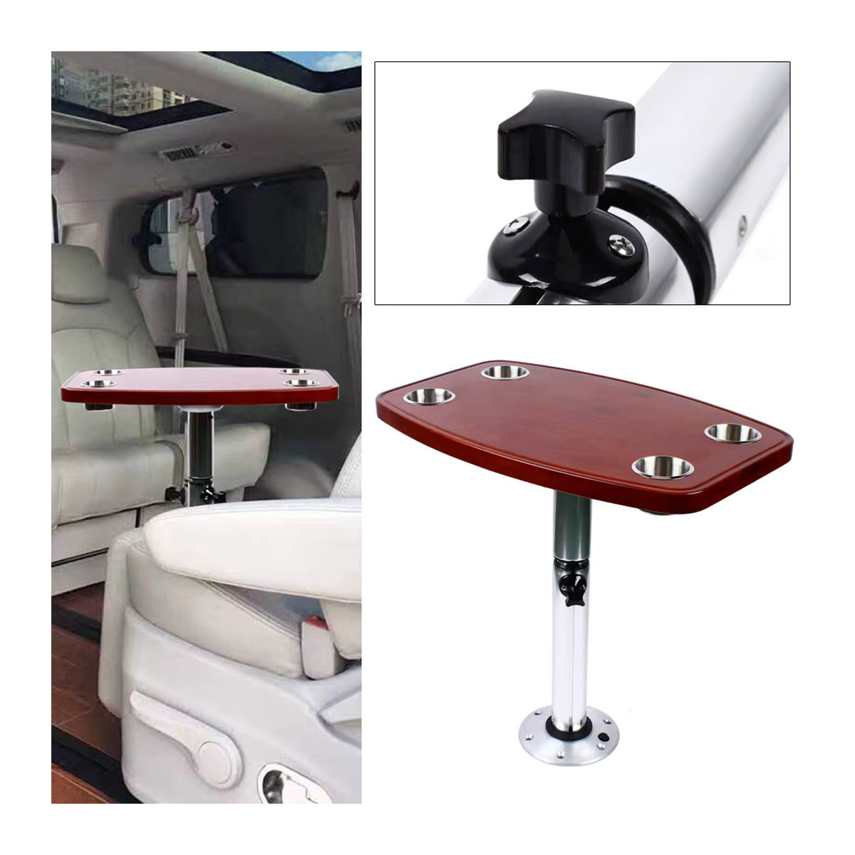 HWHongRV Wohnmobil-Esstisch aus lackierter Eiche in Braun, höhenverstellbar und abnehmbar mit 4 Getränkehaltern, B/T: 60 x 38 cm - Bild 4