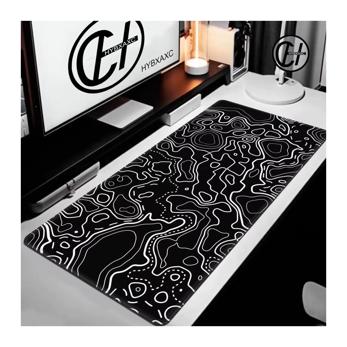 HYBXAXC Mauspad mit topografischem Kartenmuster in Schwarz-Weiß, rechteckige Tischmatte für Gaming und Büro, B: 120 cm, T: 40 cm - Bild 2