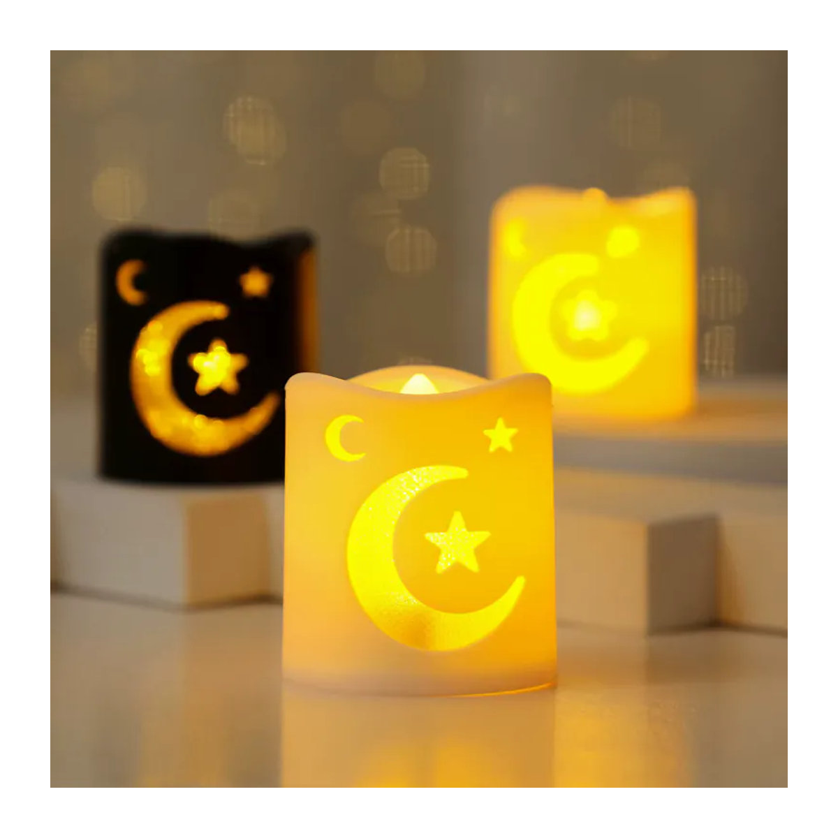 IEEYEEY Ramadan Dekoration LED Stern und Mond Windlampe aus Metall in Weiß oder Bunt mit Kaltweißem Licht - Bild 2
