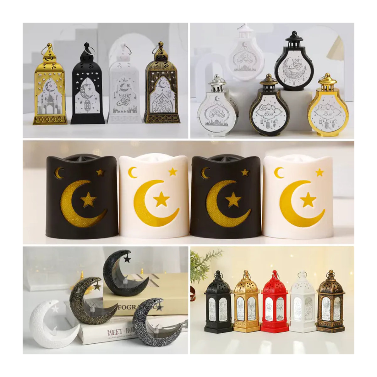 IEEYEEY Ramadan Dekoration LED Stern und Mond Windlampe aus Metall in Weiß oder Bunt mit Kaltweißem Licht - Bild 3