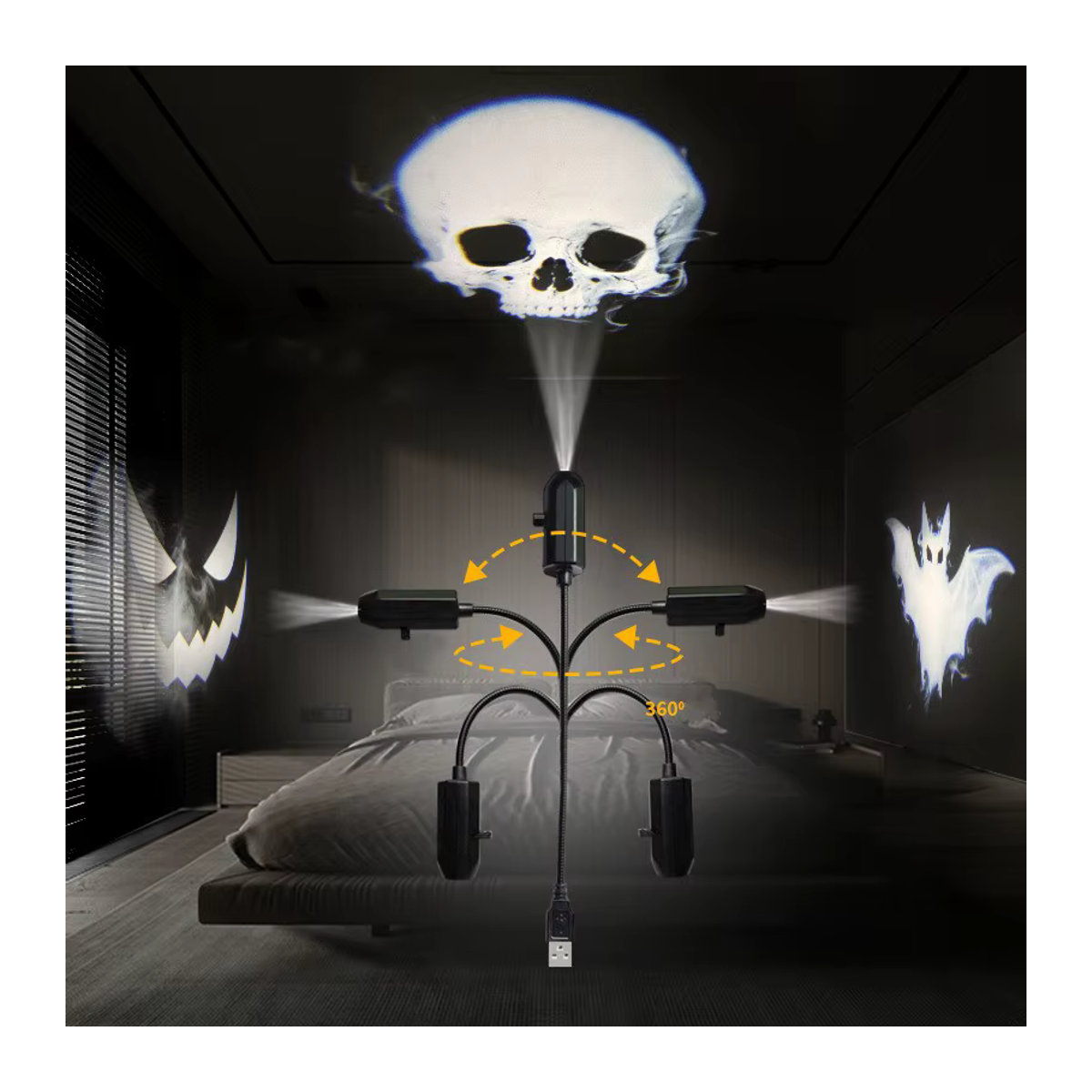 IEEYEEY USB-Projektorlicht Halloween Geisterschädel Schwarz LED-Projektorlampe mit umschaltbaren Mustern für Zimmer, Decke, Fenster und Wanddekoration - Bild 2