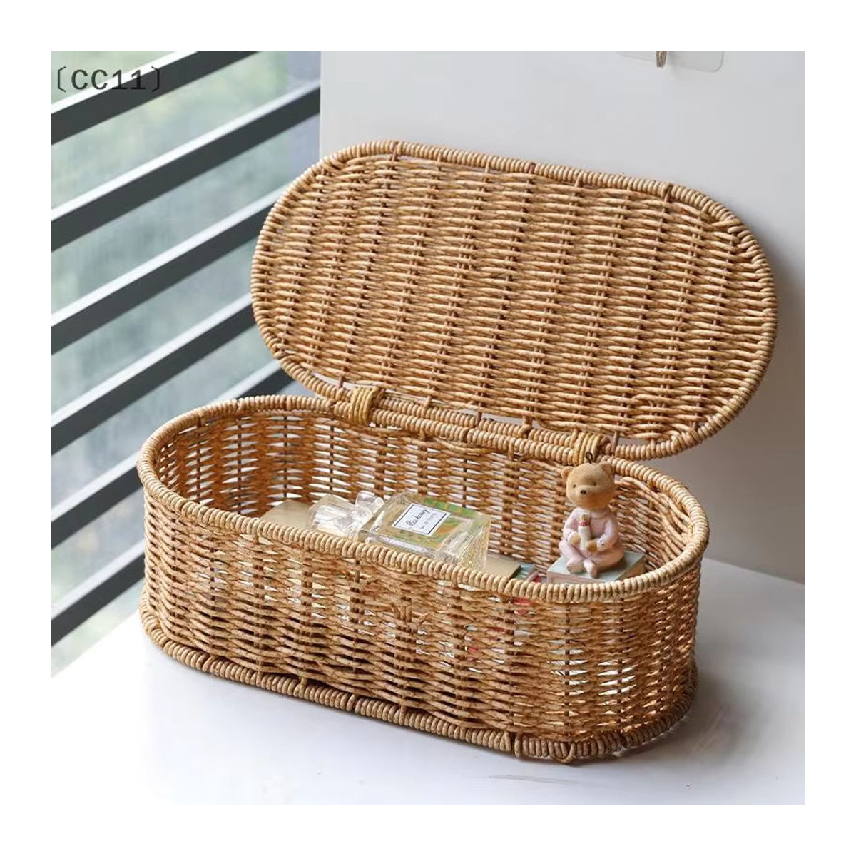 ieniaCC11 Bohemian Aufbewahrungskorb aus Imitations-Rattan in Braun, oval und staubdicht - Bild 3