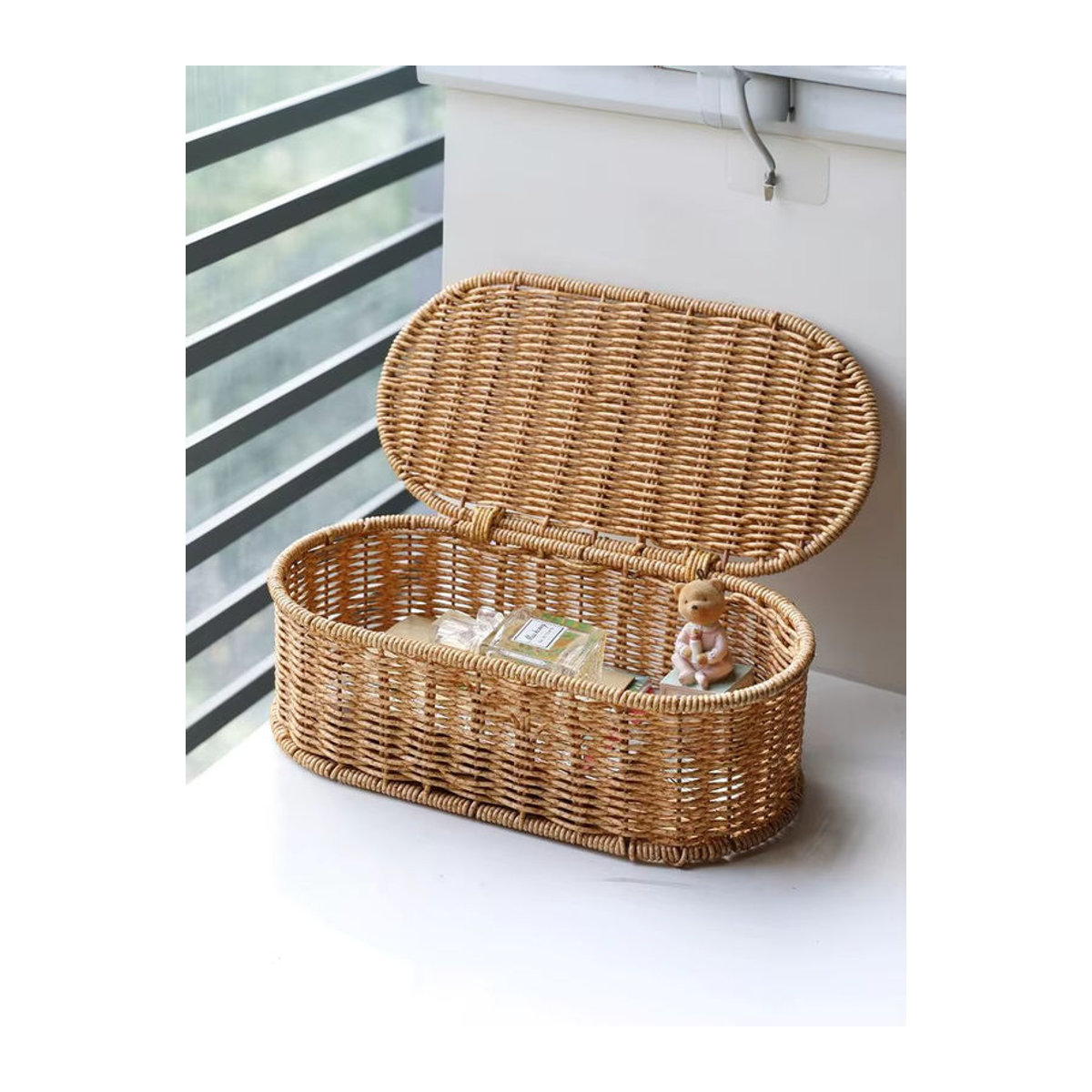 ieniaCC11 Bohemian Aufbewahrungskorb aus Imitations-Rattan in Braun, oval und staubdicht - Bild 5