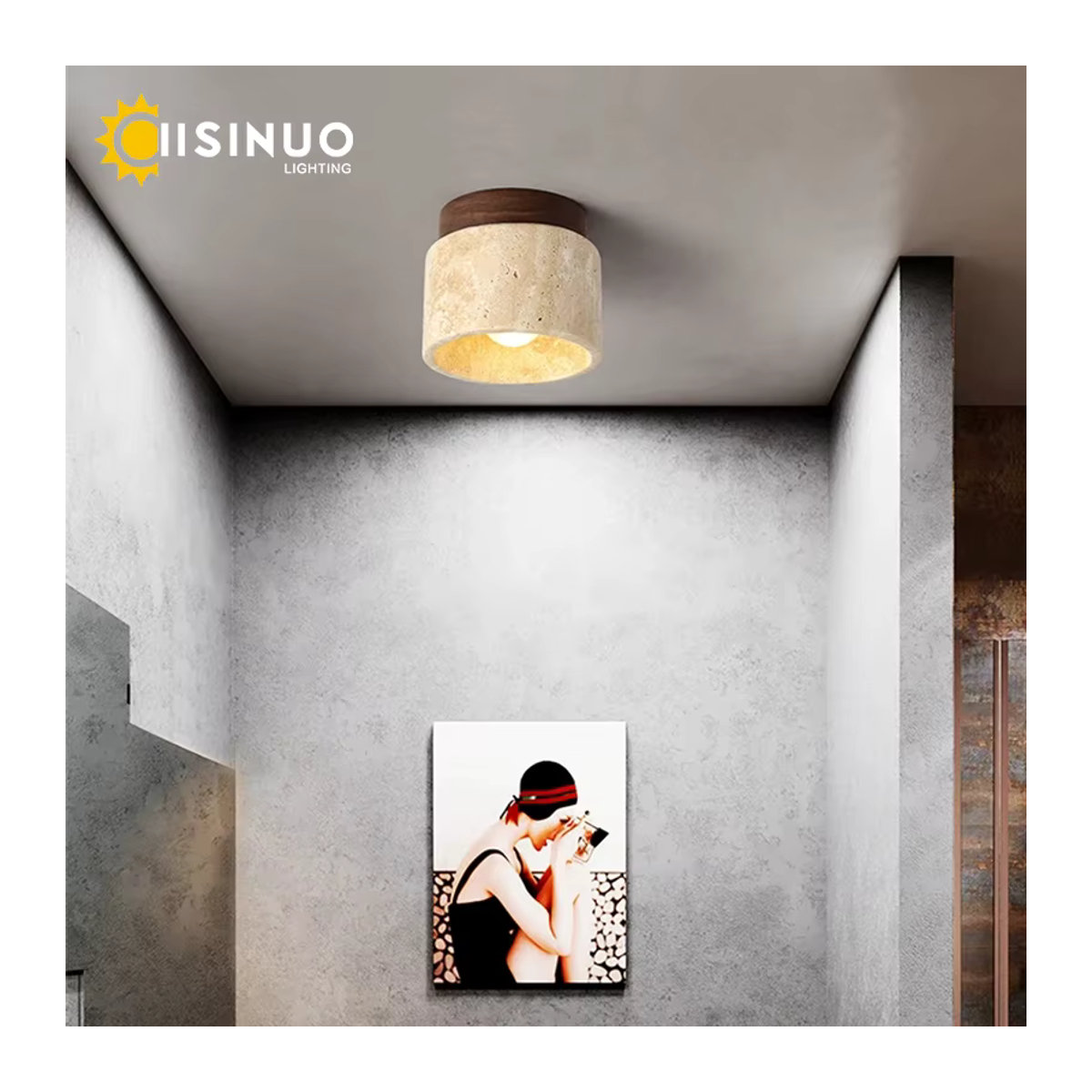 IISINUO LED-Deckenleuchte im japanischen Stil aus Stein und Holz in Beige, rund und minimalistisch - Bild 2