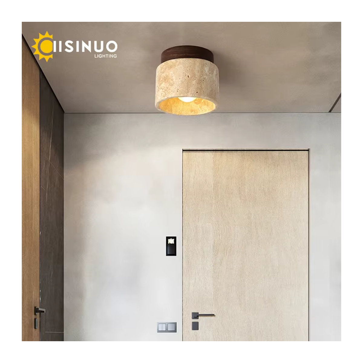 IISINUO LED-Deckenleuchte im japanischen Stil aus Stein und Holz in Beige, rund und minimalistisch - Bild 3