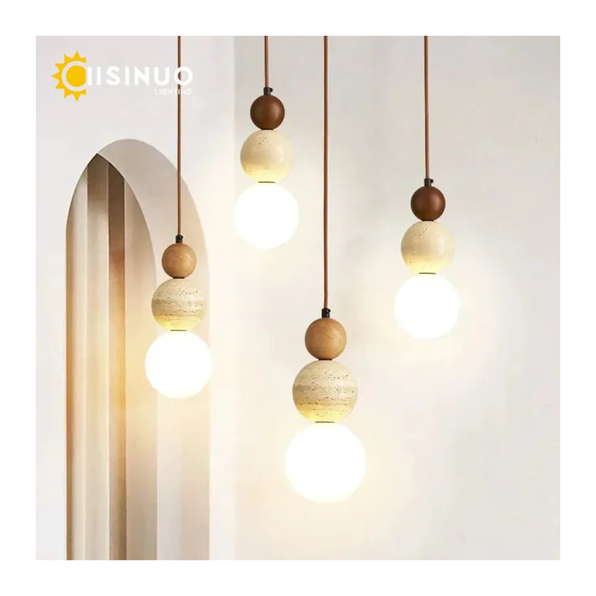 IISINUO Pendelleuchte im Wabi Sabi Stil aus Naturstein und Holz in Beige mit LED - Bild 1