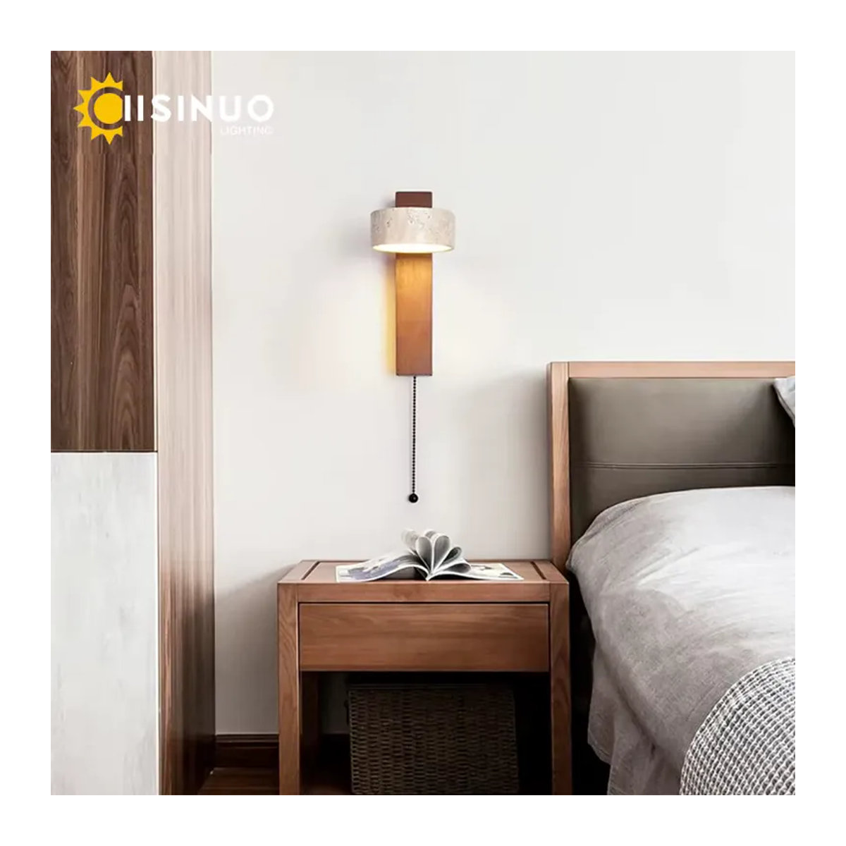 IISINUO Wandleuchte im Wabi Sabi-Stil aus gelbem Travertinstein und Nussbaumholz mit LED und Zugkettenschalter - Bild 2