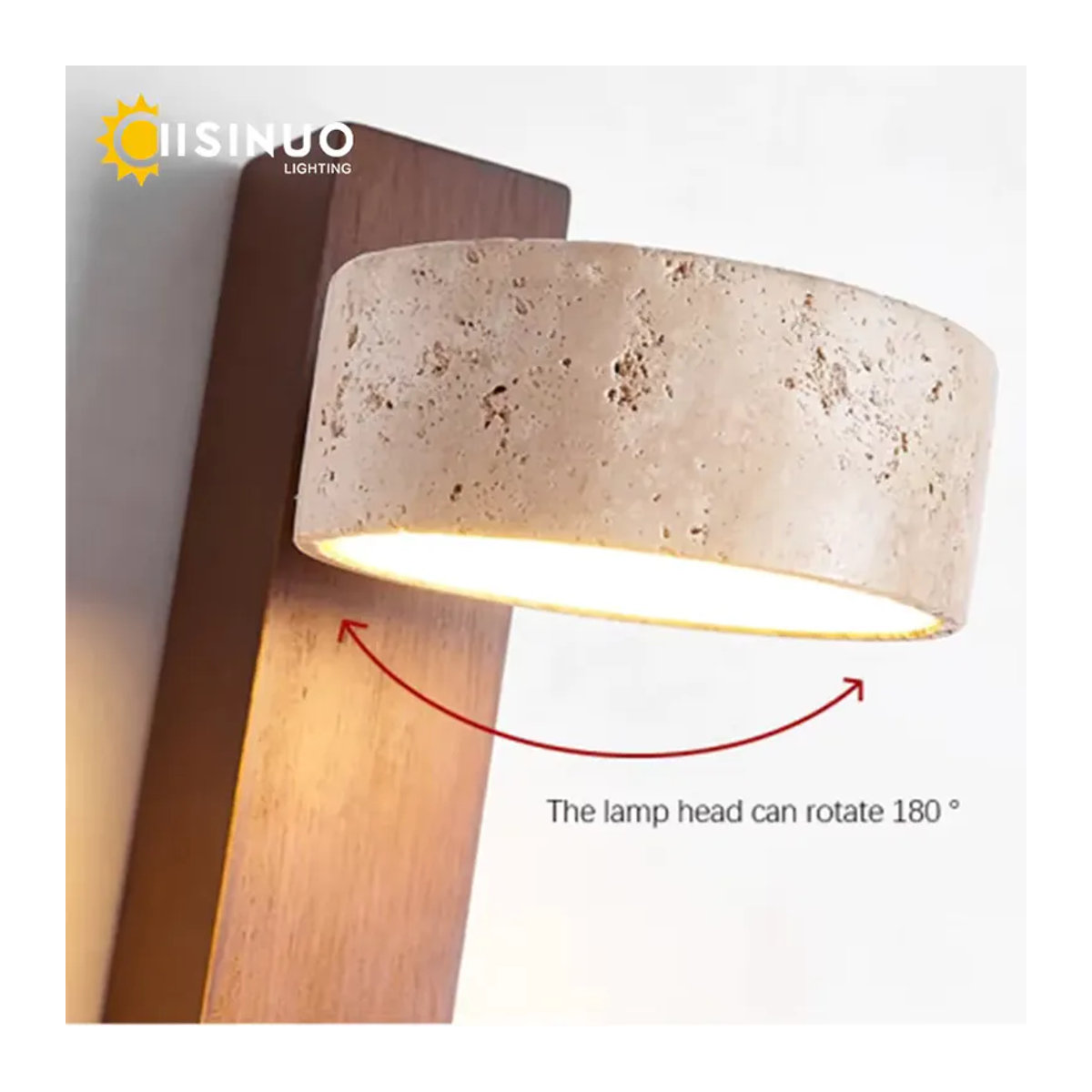 IISINUO Wandleuchte im Wabi Sabi-Stil aus gelbem Travertinstein und Nussbaumholz mit LED und Zugkettenschalter - Bild 3