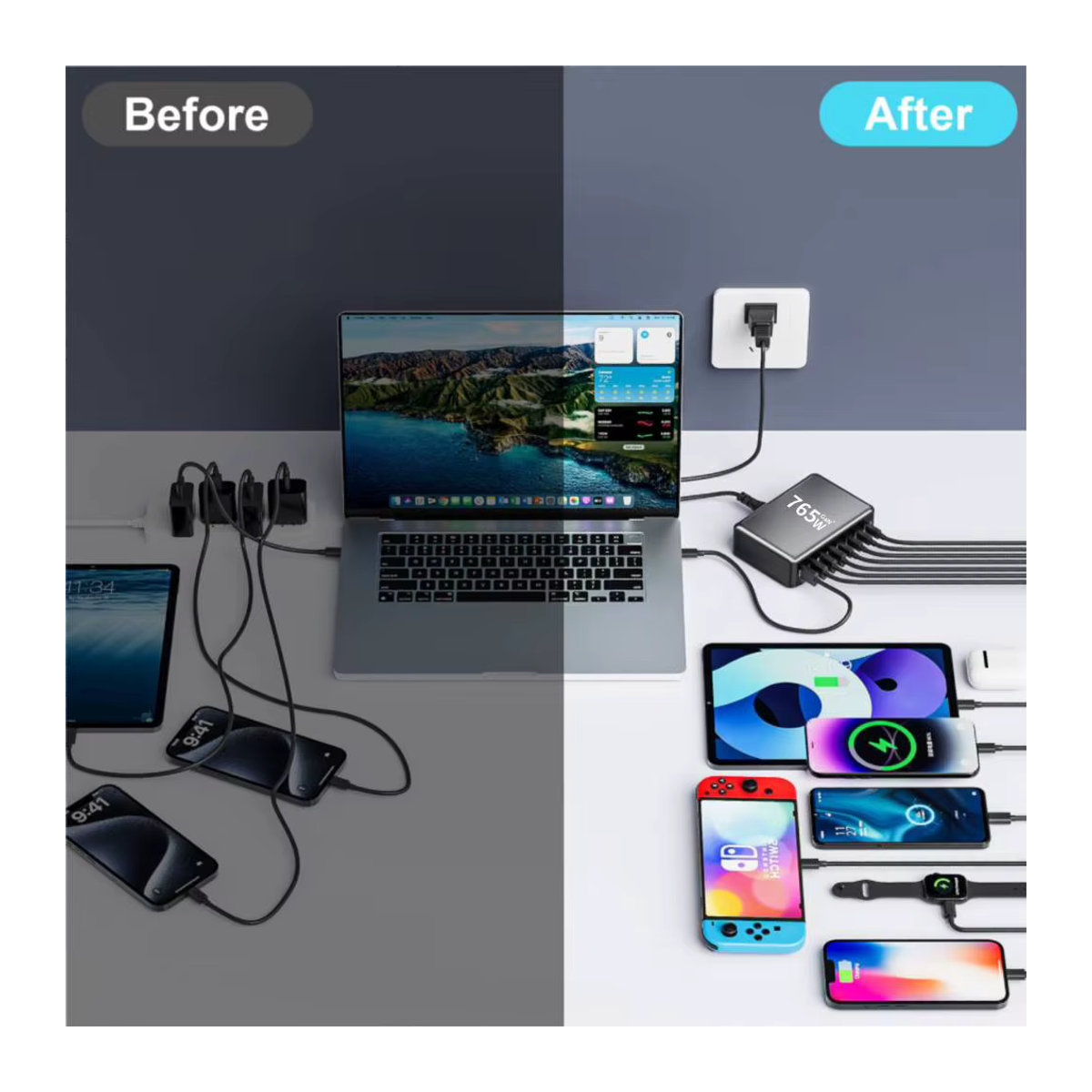 ILEPO USB-C GaN Schnellladegerät in Grau mit Dual 140 W PD3.1 PPS Ladestation für Laptops und mehrere Geräte - Bild 2