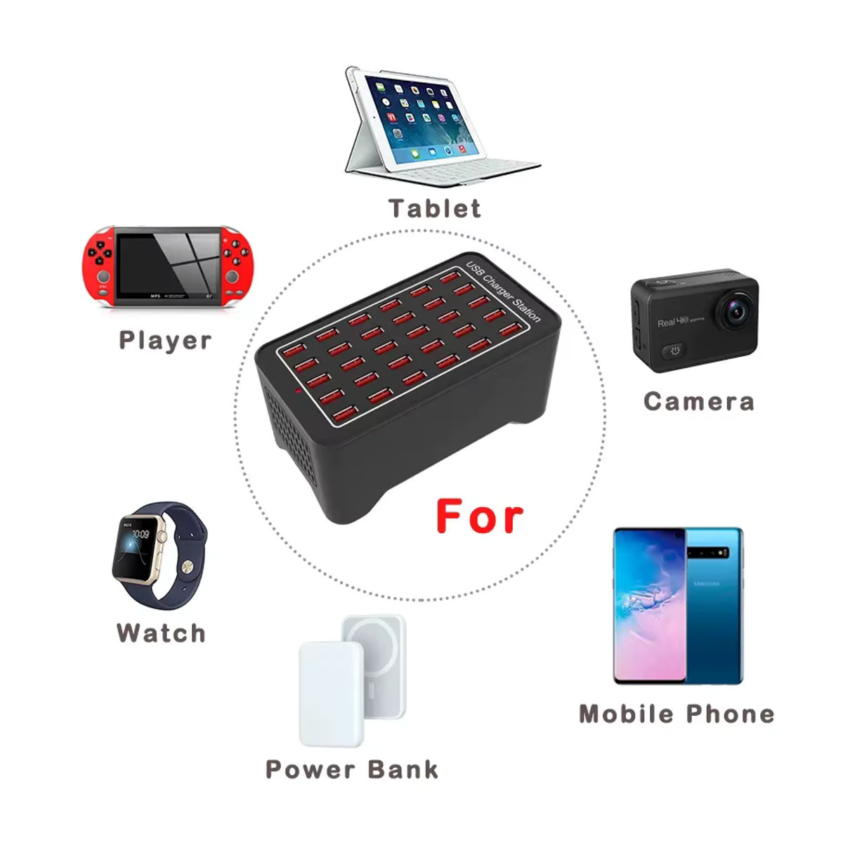 ILEPO USB Ladestation mit 10 bis 30 Ports, 150 W Universal Schnellladegerät für Handy und Desktop, Schwarz, Minimalistisches Design - Bild 2