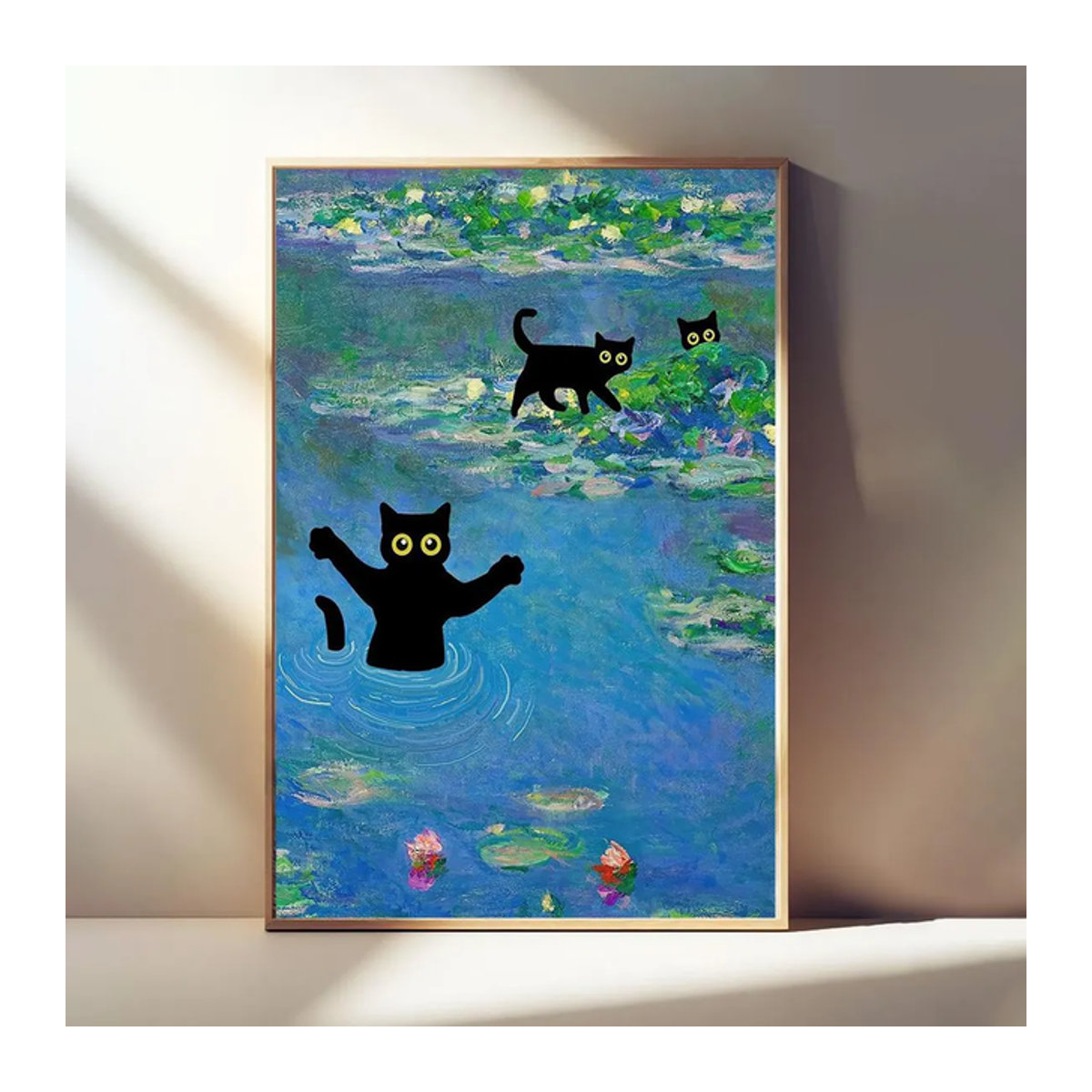 Impressionistischer Kunstdruck von SHENCHEN mit Katzenmotiv und floralem Design in Schwarz und Mehrfarbig, Wandkunst aus Papier im Hochformat - Bild 1