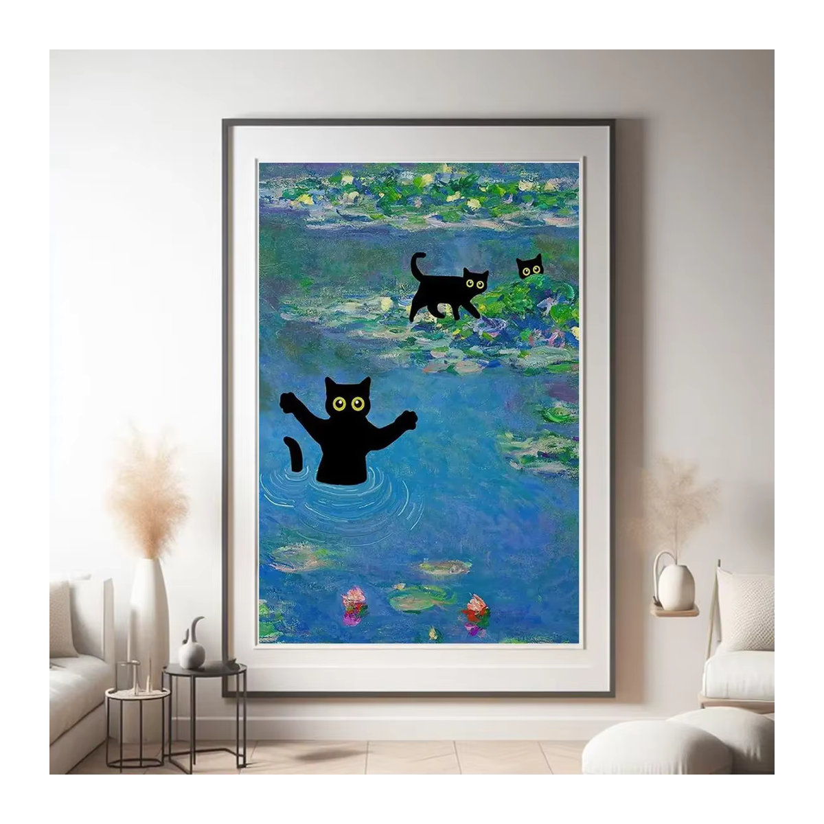 Impressionistischer Kunstdruck von SHENCHEN mit Katzenmotiv und floralem Design in Schwarz und Mehrfarbig, Wandkunst aus Papier im Hochformat - Bild 2