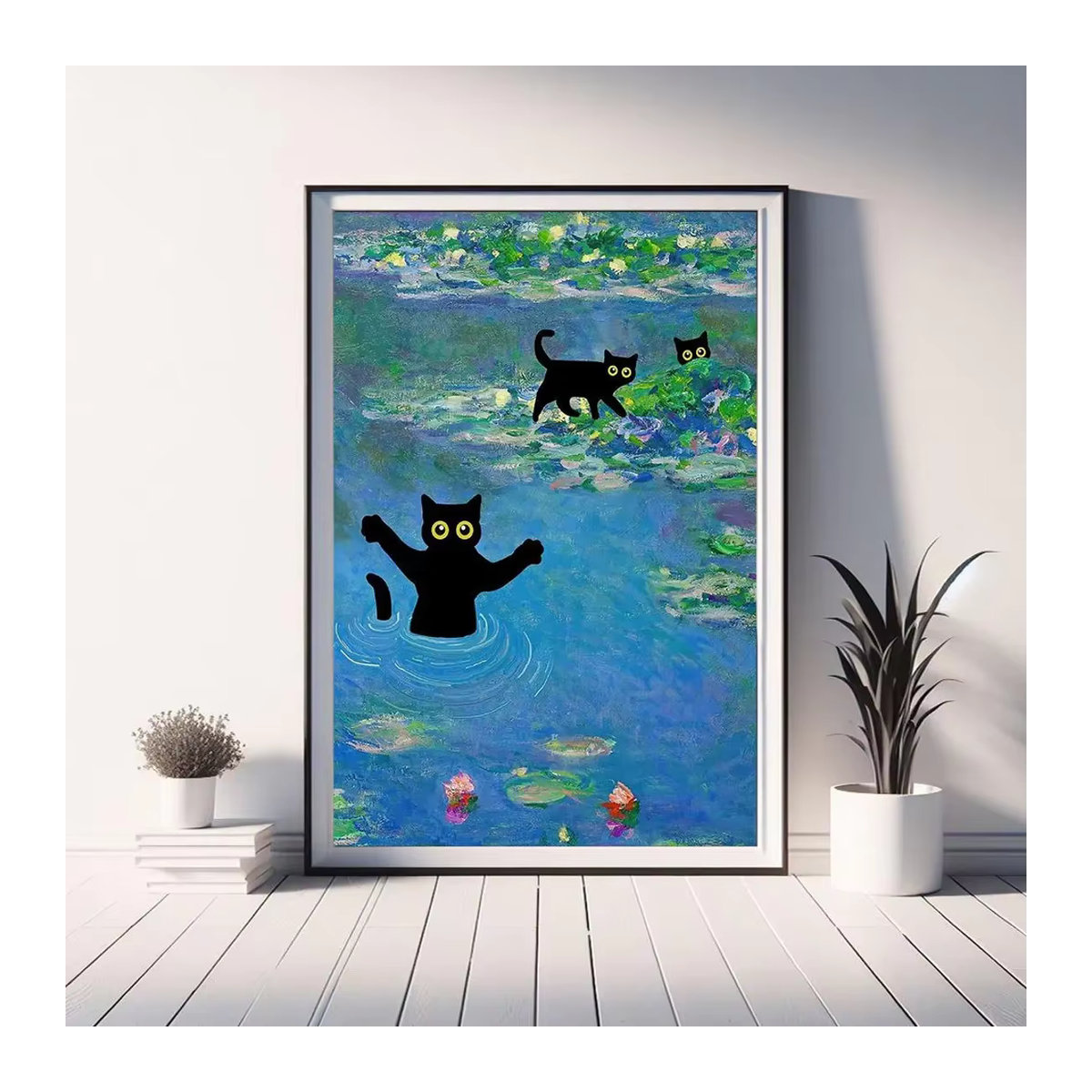 Impressionistischer Kunstdruck von SHENCHEN mit Katzenmotiv und floralem Design in Schwarz und Mehrfarbig, Wandkunst aus Papier im Hochformat - Bild 3