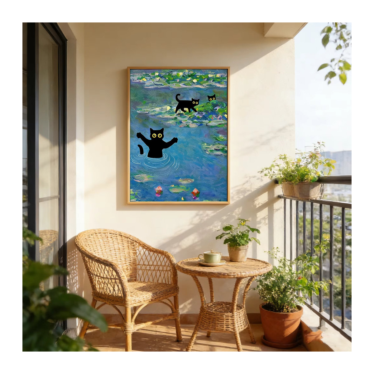 Impressionistischer Kunstdruck von SHENCHEN mit Katzenmotiv und floralem Design in Schwarz und Mehrfarbig, Wandkunst aus Papier im Hochformat - Bild 4