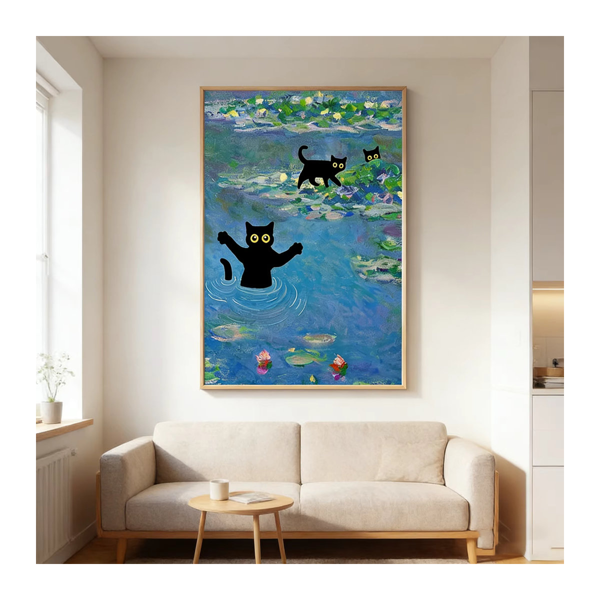Impressionistischer Kunstdruck von SHENCHEN mit Katzenmotiv und floralem Design in Schwarz und Mehrfarbig, Wandkunst aus Papier im Hochformat - Bild 5