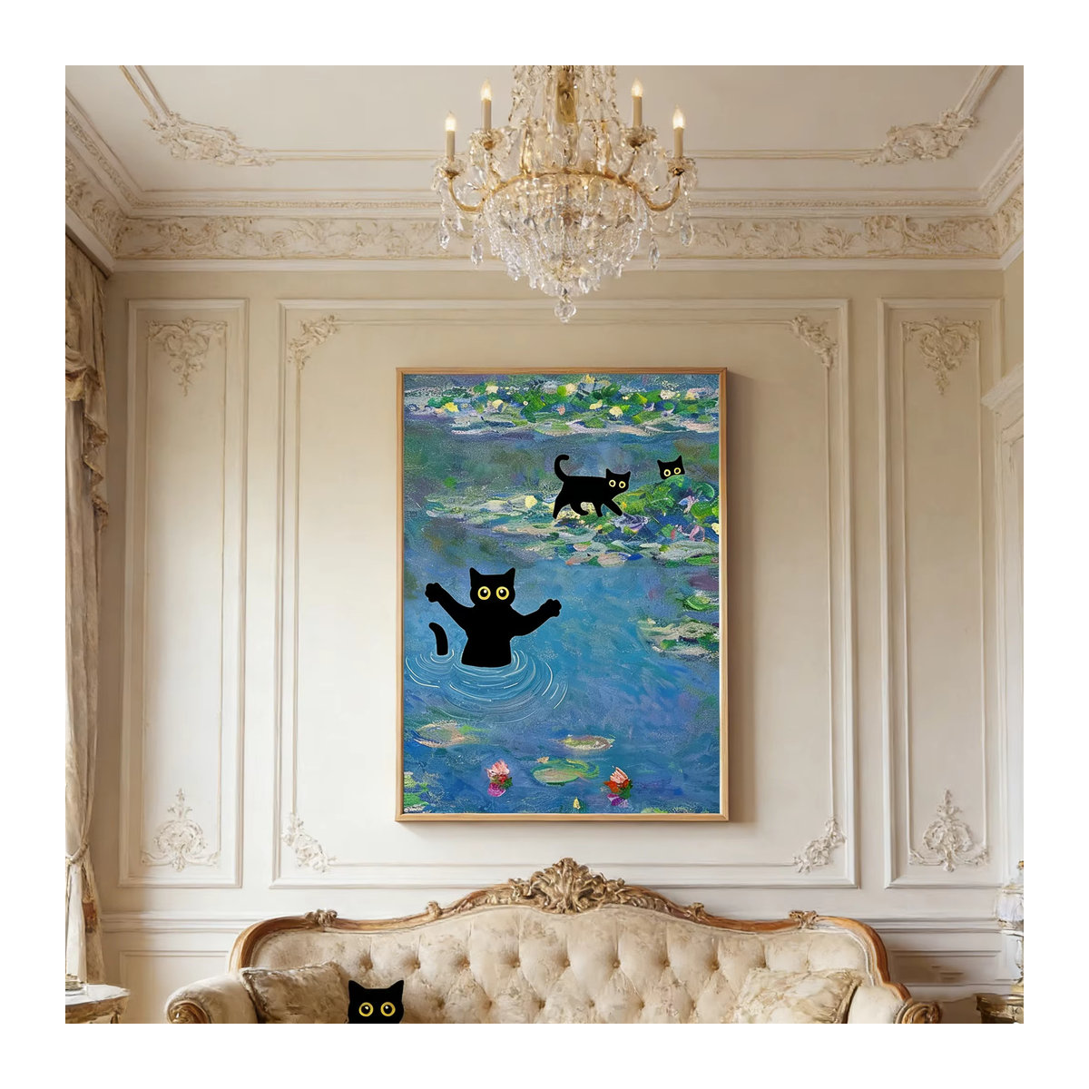 Impressionistischer Kunstdruck von SHENCHEN mit Katzenmotiv und floralem Design in Schwarz und Mehrfarbig, Wandkunst aus Papier im Hochformat - Bild 6