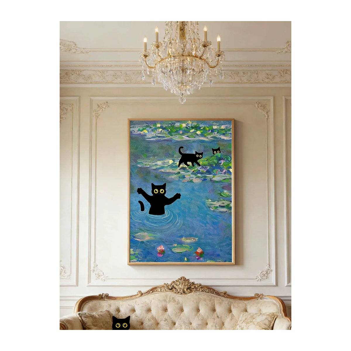 Impressionistischer Kunstdruck von SHENCHEN mit Katzenmotiv und floralem Design in Schwarz und Mehrfarbig, Wandkunst aus Papier im Hochformat - Bild 7