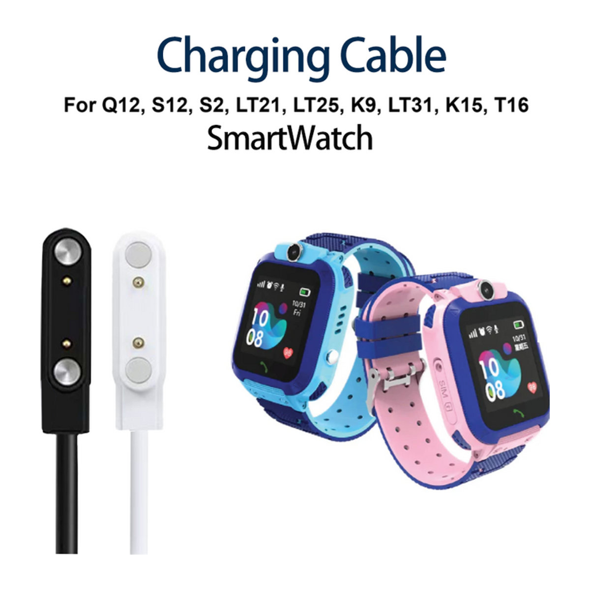 Indekos USB-Ladegerät für Smartwatch Q12 S12 S2 LT21 LT25 K9 LT31 K15 T16 Ladekabel in Weiß oder Schwarz/Weiß - Bild 1