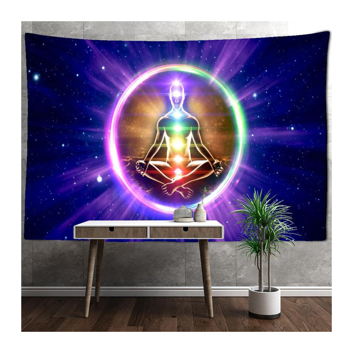 Indischer Wandteppich mit Mandala und sieben Chakras für Meditation, Bohemian Wandbehang mehrfarbig, B: 95 cm, H: 70 cm - Bild 2