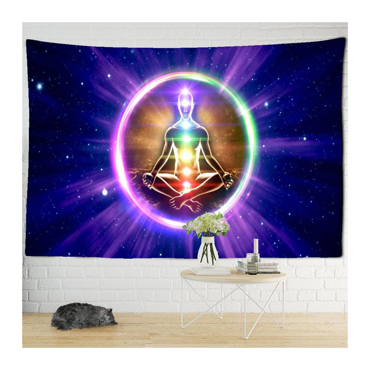 Indischer Wandteppich mit Mandala und sieben Chakras für Meditation, Bohemian Wandbehang mehrfarbig, B: 95 cm, H: 70 cm - Bild 3