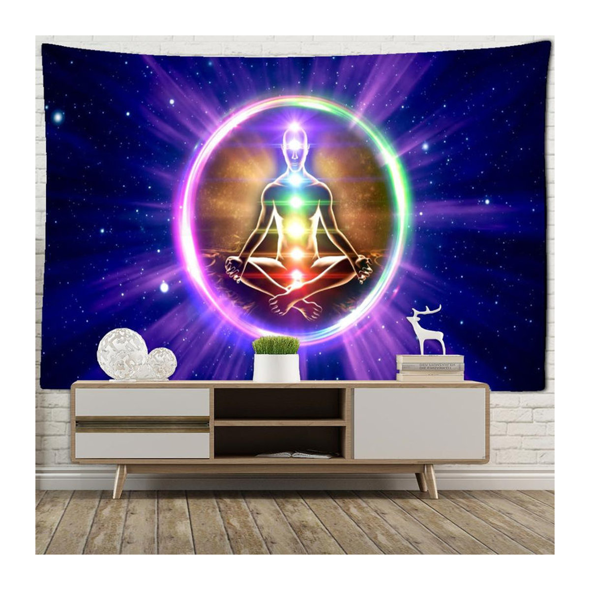 Indischer Wandteppich mit Mandala und sieben Chakras für Meditation, Bohemian Wandbehang mehrfarbig, B: 95 cm, H: 70 cm - Bild 4