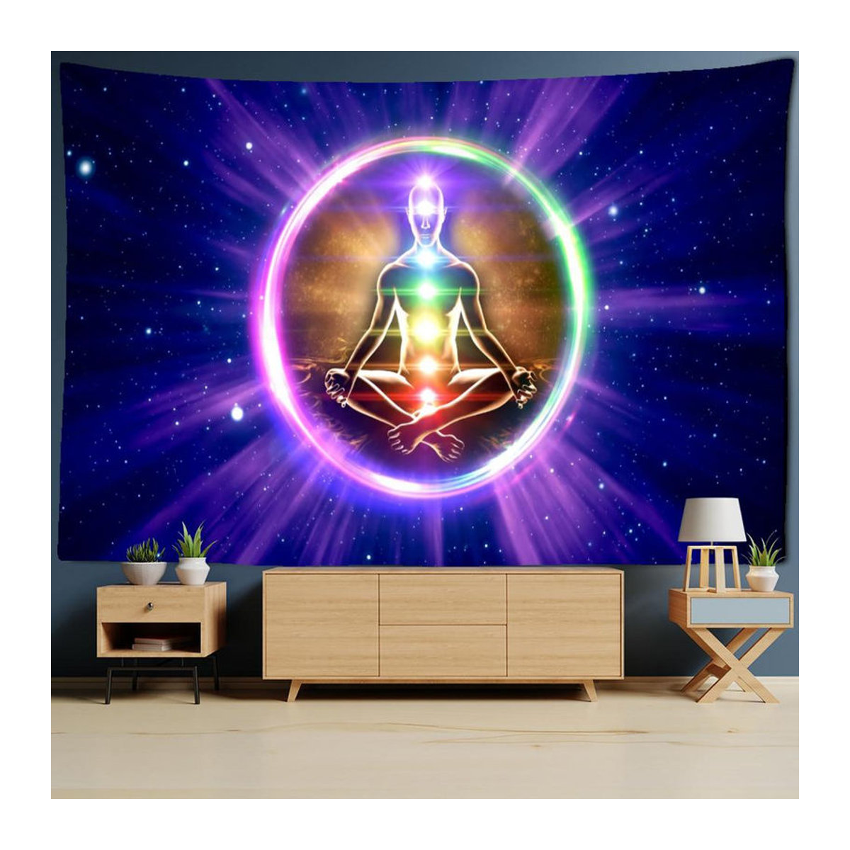 Indischer Wandteppich mit Mandala und sieben Chakras für Meditation, Bohemian Wandbehang mehrfarbig, B: 95 cm, H: 70 cm - Bild 5