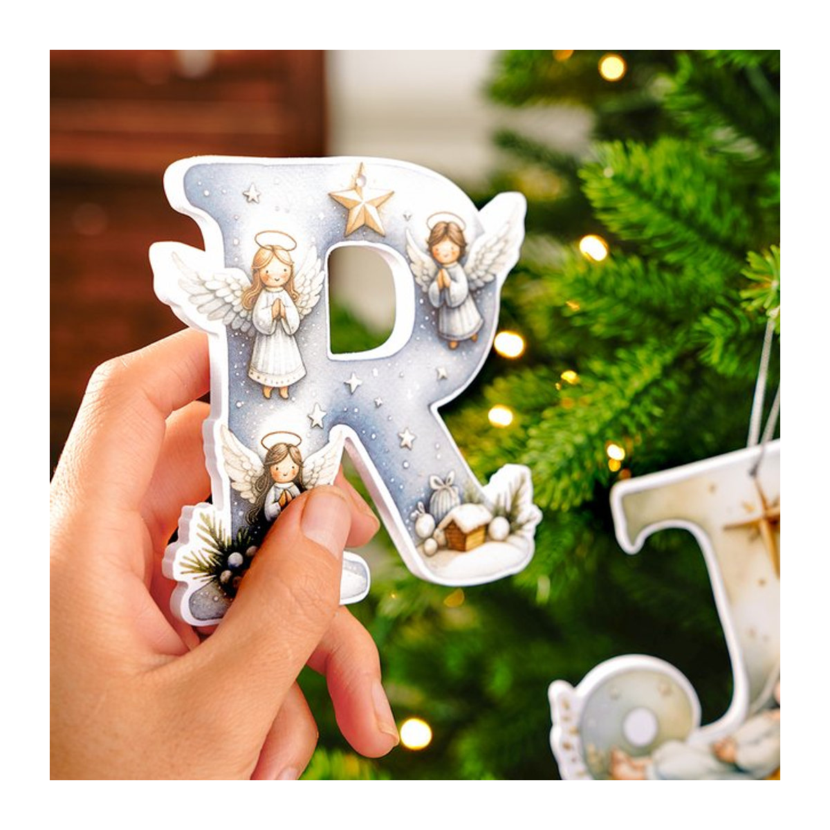 Indo Weihnachtsbaum-Buchstabenanhänger aus Kunststoff mit Engel-Motiv in Lila und Weiß - Bild 1