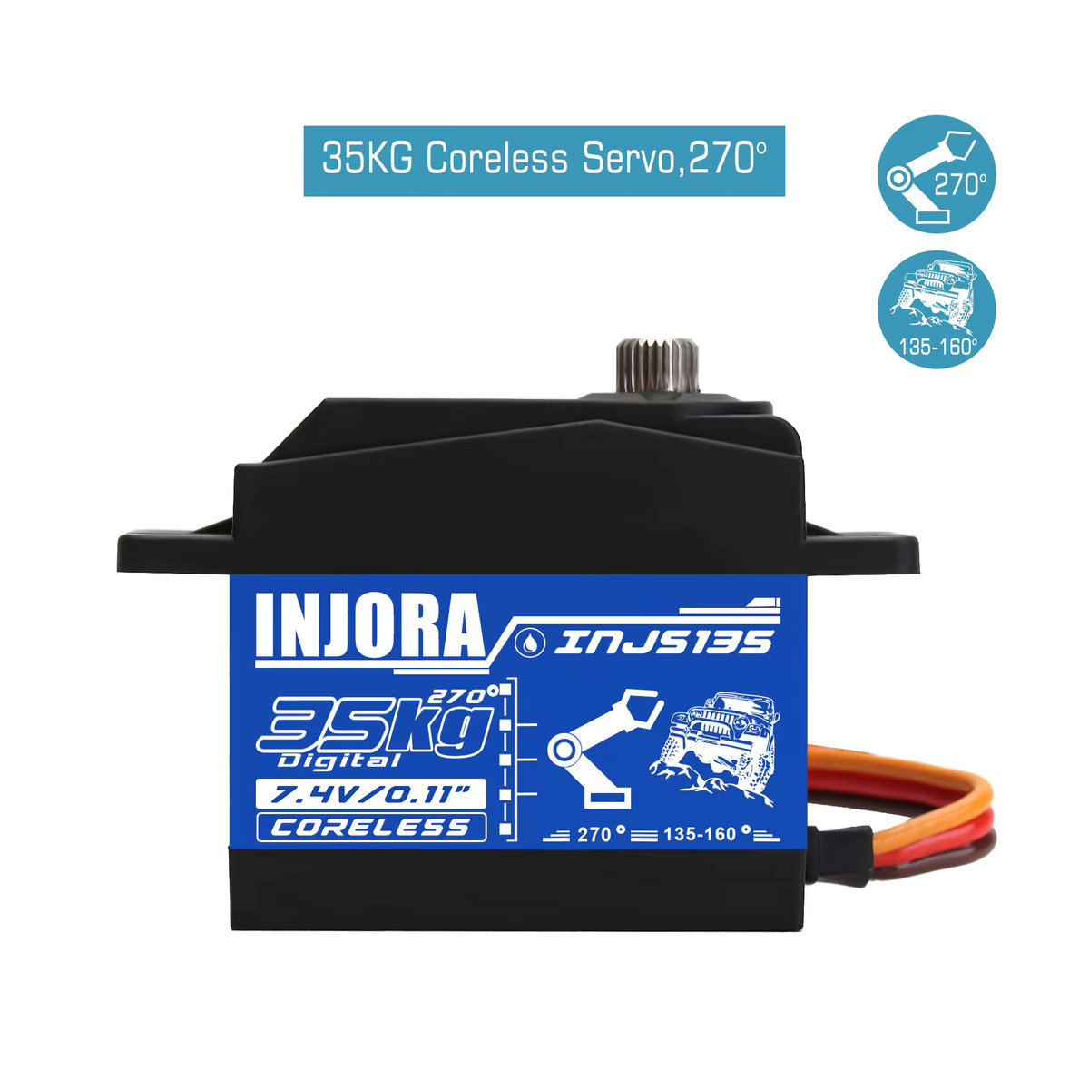 INJORA INJS135 digitales kernloses Servo mit großem Drehmoment, wasserdicht, 270 Grad, Schwarz - Bild 2