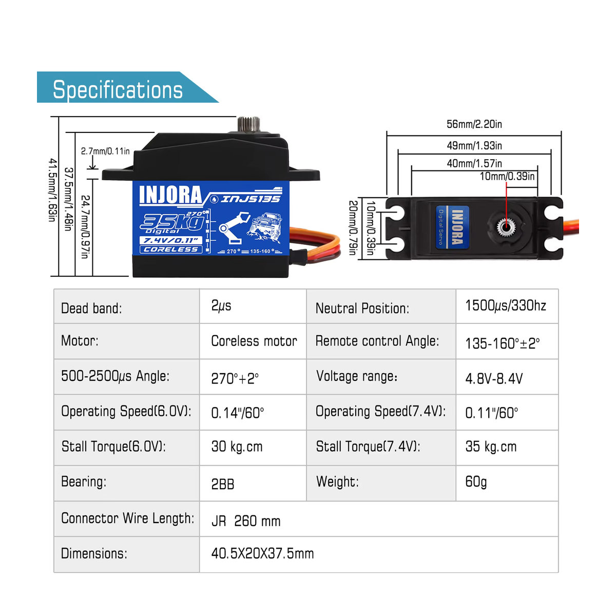 INJORA INJS135 digitales kernloses Servo mit großem Drehmoment, wasserdicht, 270 Grad, Schwarz - Bild 5